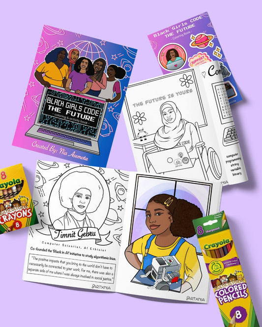 Coloring book titled 'Black Girls Code: The Future' with Crayola colored pencils and stickers on a purple background and a blue star graphic that says "GET THE BUNDLE!"