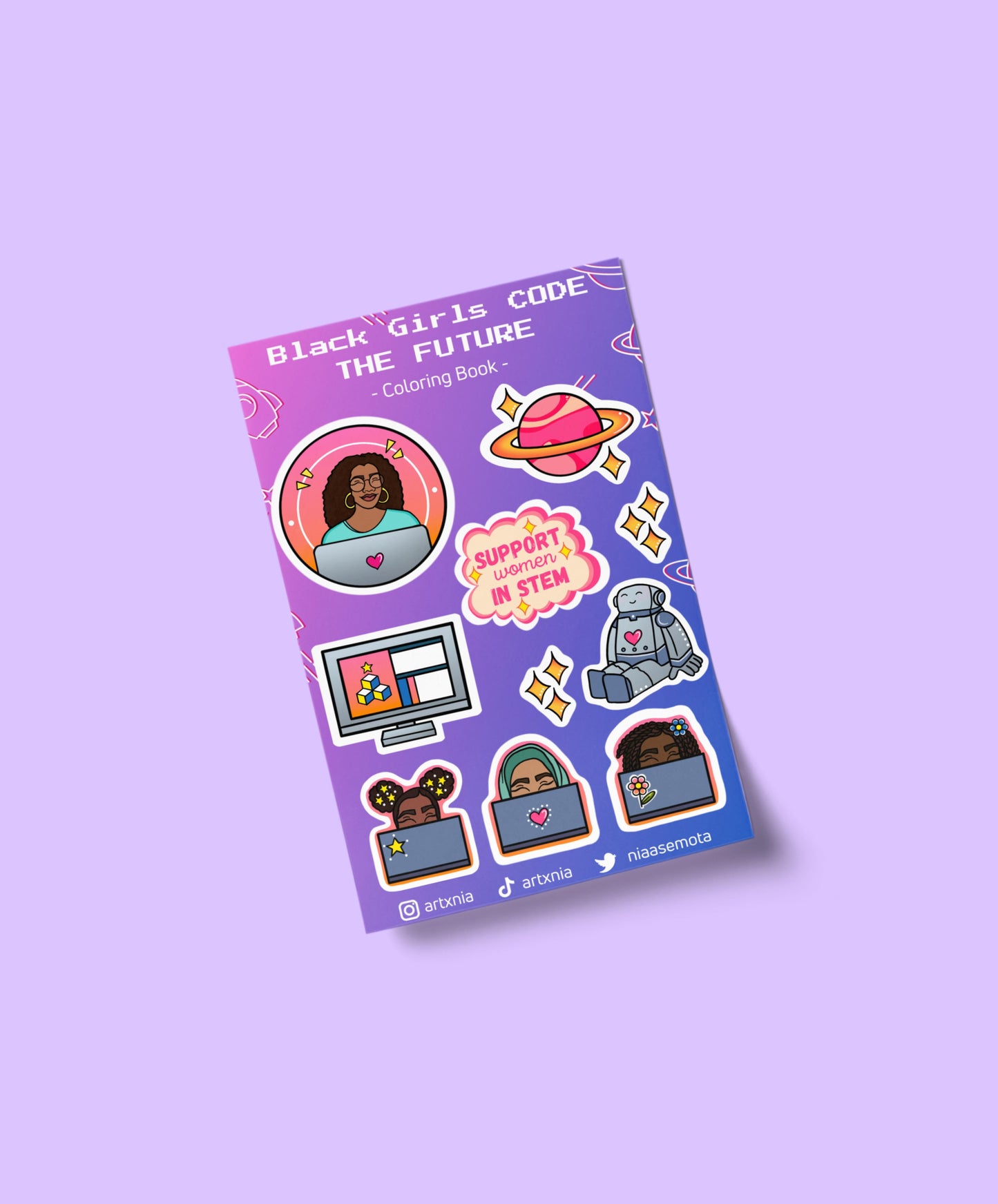 Sticker sheet with 12 hand-drawn stickers titled 'Black Girls Code: The Future' on a purple background