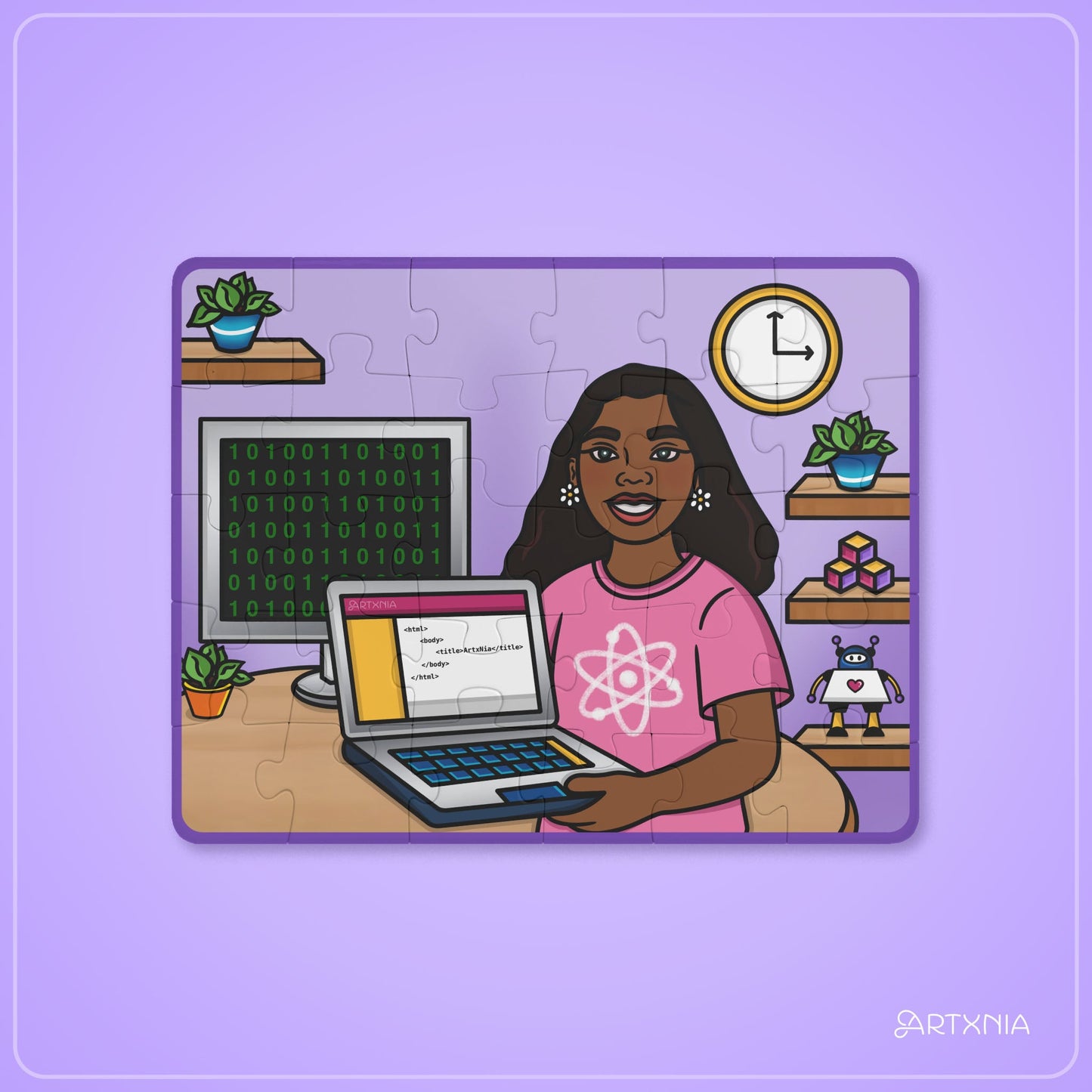 completed puzzle of a woman using a laptop with a computer screen in the background on a purple background