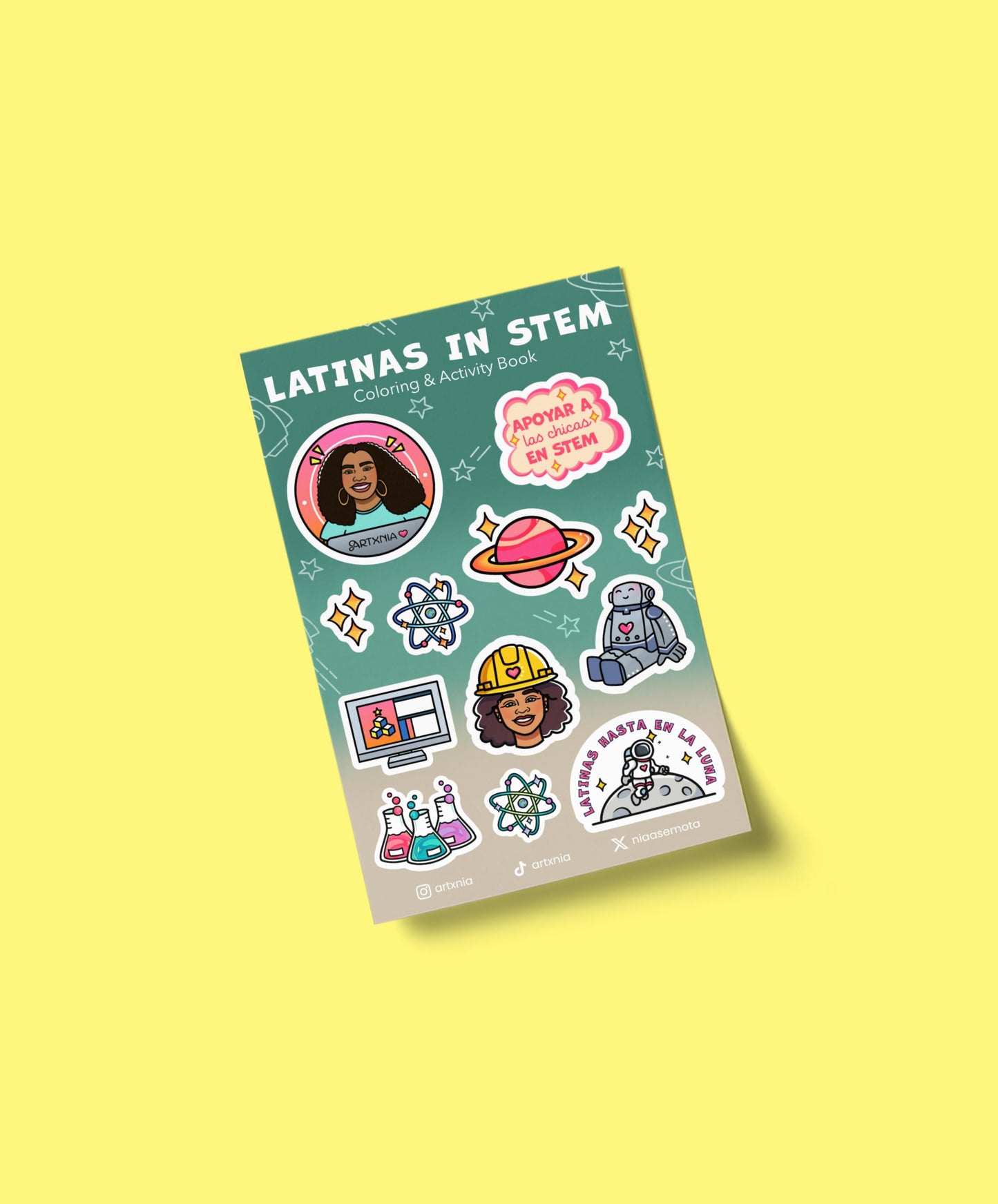 Sticker sheet with 12 hand-drawn stickers titled 'Latinas in STEM' on a yellow background
