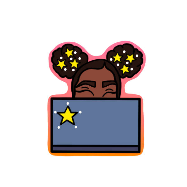 Sticker illustration of black girl with hair buns with stars in them behind a laptop
