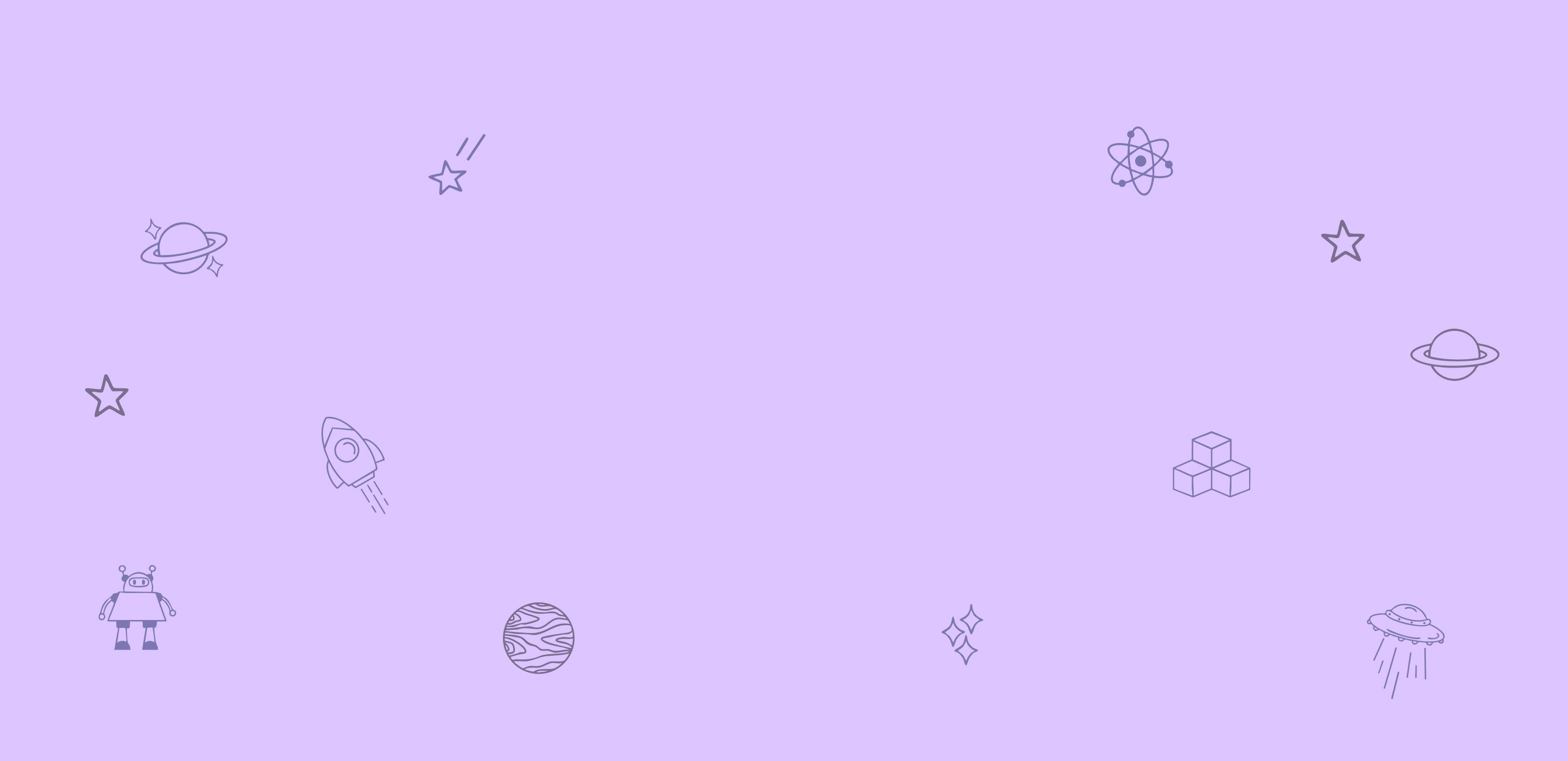 Pattern with purple background and illustrations of space objects, robots, stars, and blocks
