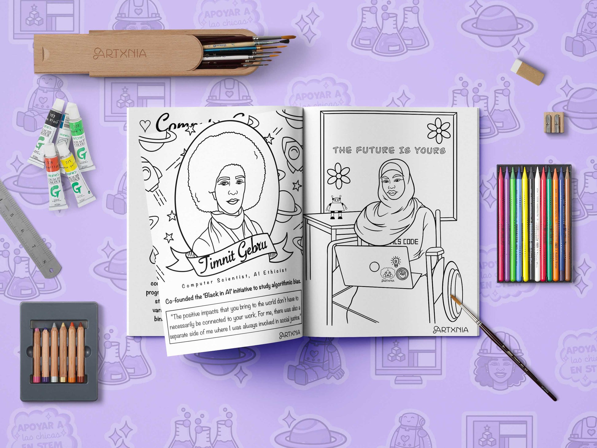 Black girls code coloring book with two pages of a woman in a hijab and wheelchair, surrounded by art supplies on a purple background.