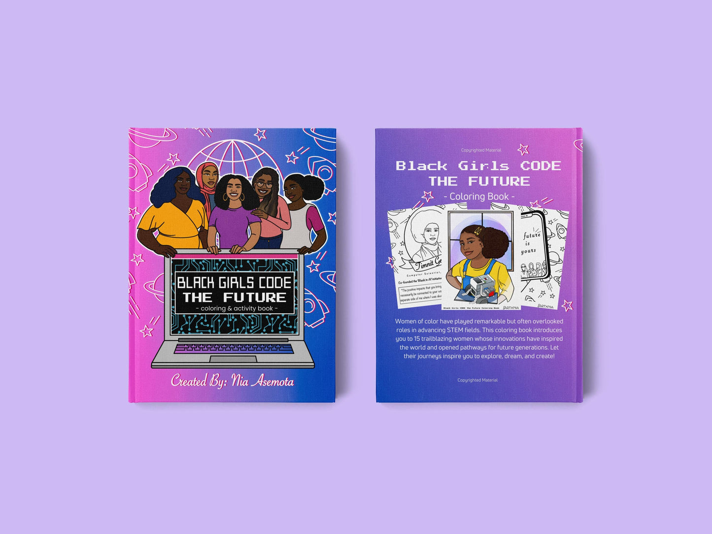 Coloring book front and back covers titled 'Black Girls Code: The Future' on a purple background