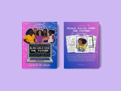 Coloring book front and back covers titled 'Black Girls Code: The Future' on a purple background