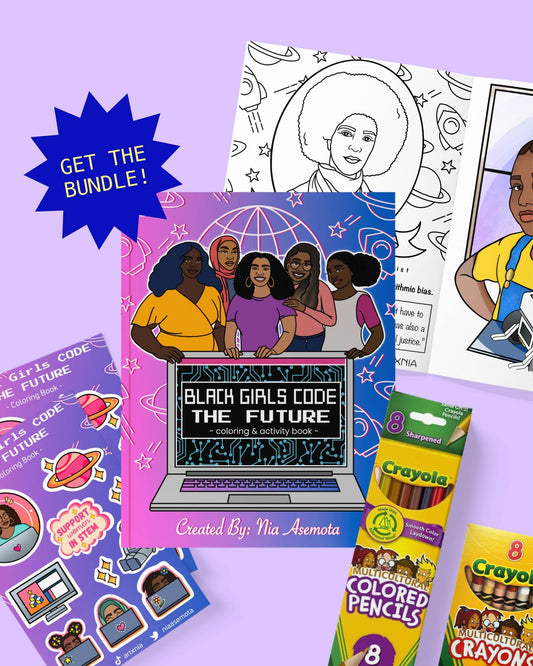 Coloring book titled 'Black Girls Code: The Future' with Crayola colored pencils and stickers on a purple background and a blue star graphic that says "GET THE BUNDLE!"