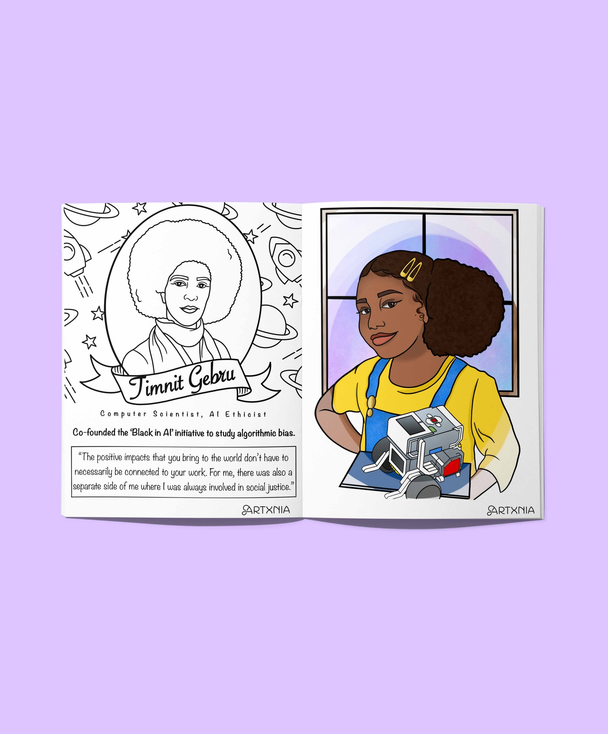 Girls who code coloring book open to a page with a character and text on a purple background