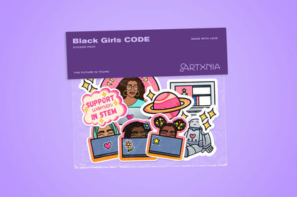 Clear sticker pack with 12 hand-drawn stickers in it and  'Black Girls Code' branding on a purple background