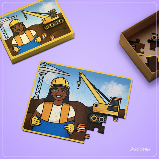 Puzzle box with a construction worker illustration on a purple background