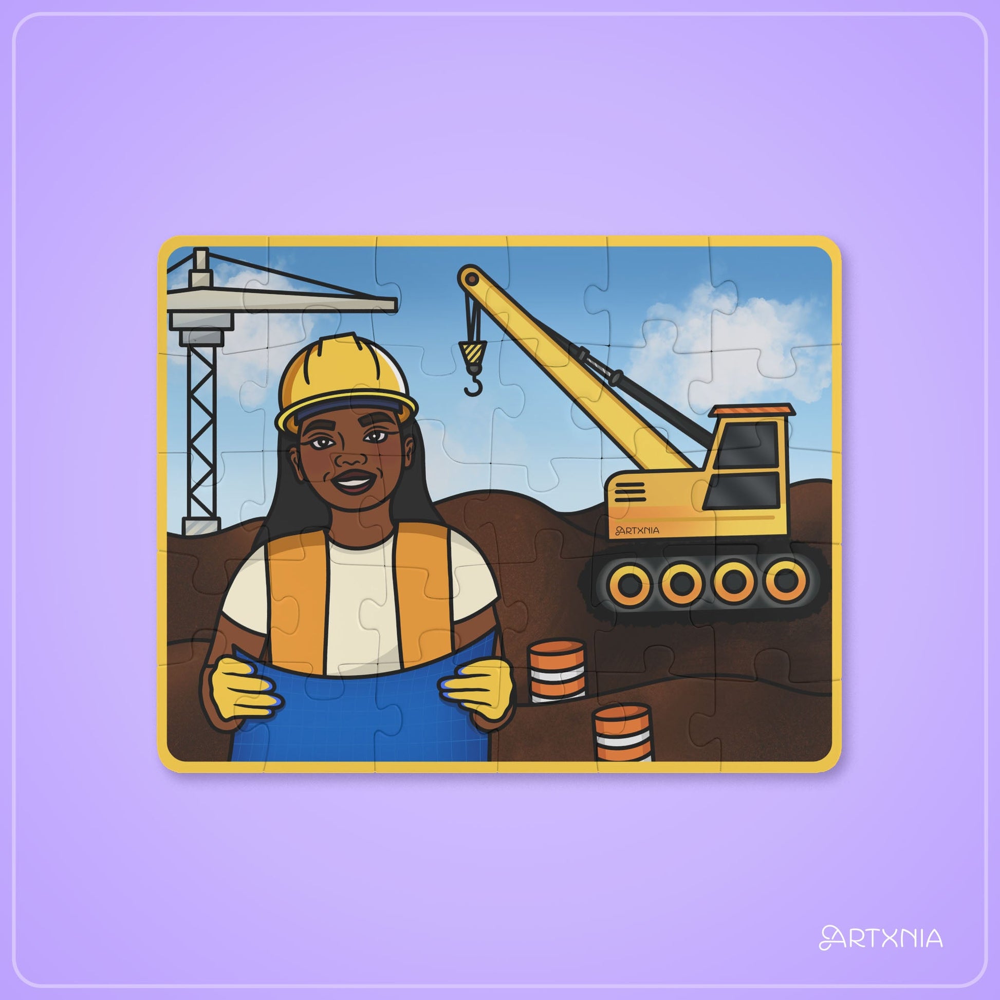 Jigsaw puzzle with a construction worker and crane illustration on a purple background