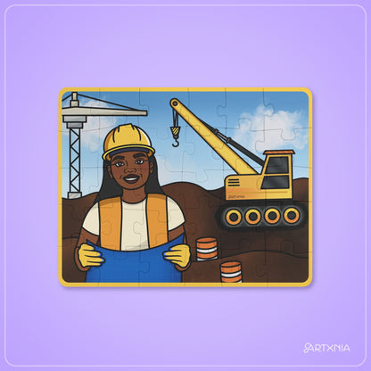Jigsaw puzzle with a construction worker and crane illustration on a purple background