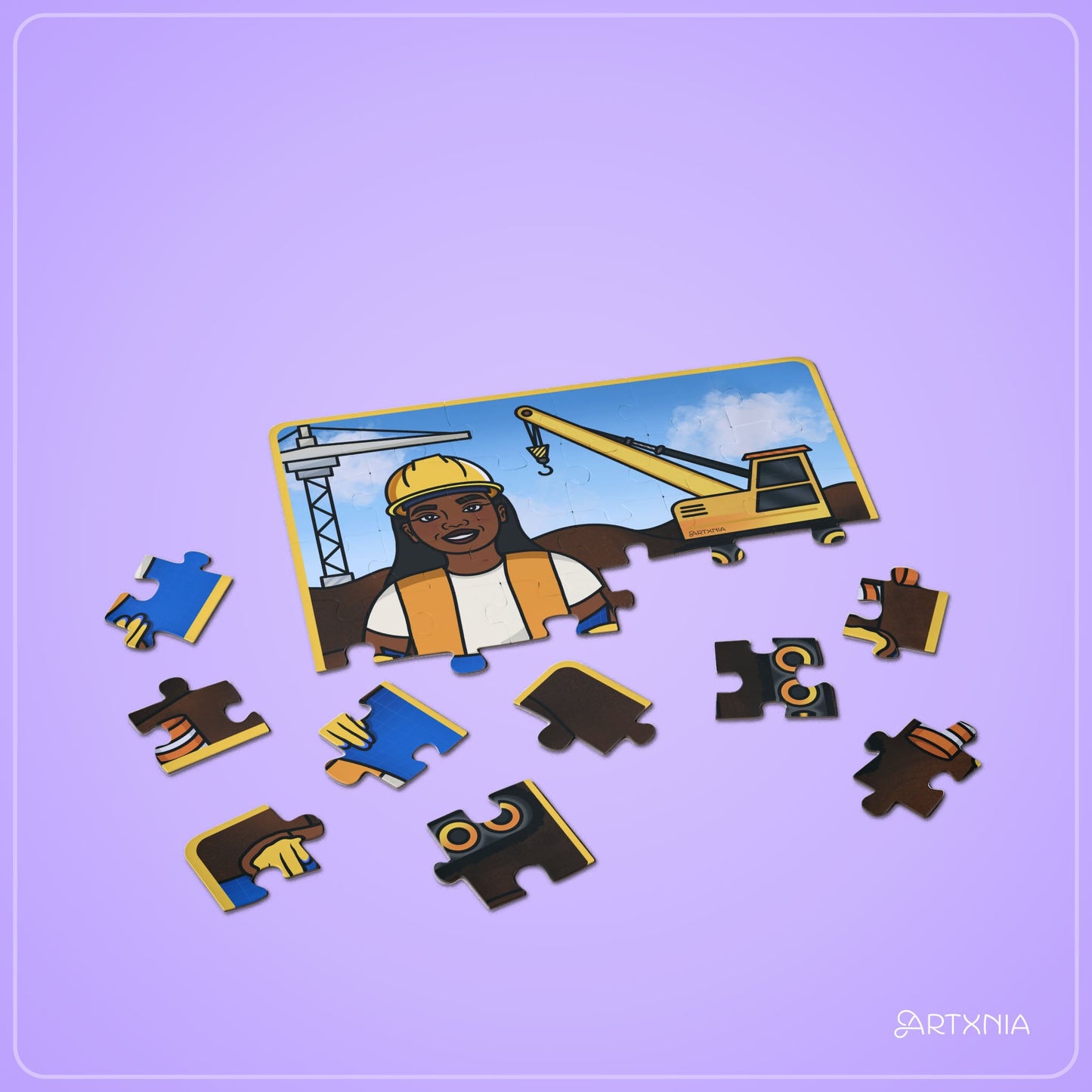 Jigsaw puzzle with a construction worker and crane on a purple background