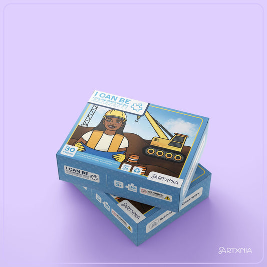 Puzzle box with a construction worker illustration on a purple background