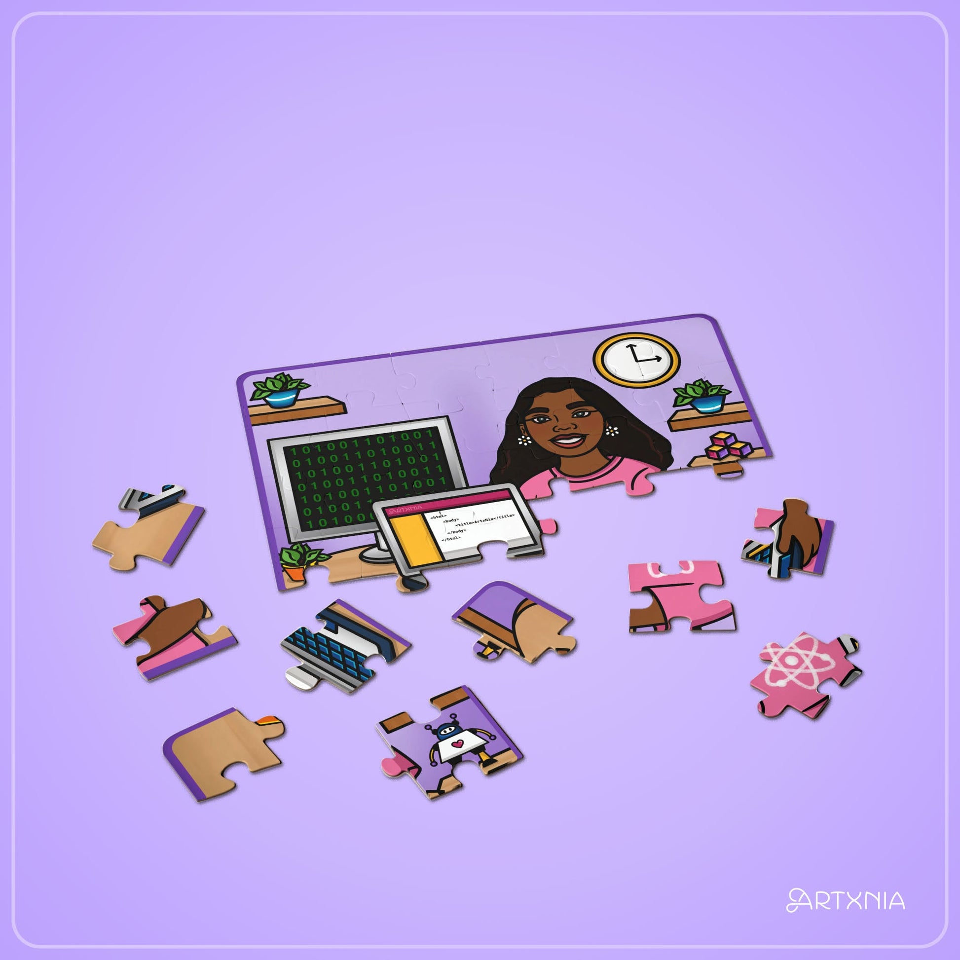 jigsaw puzzle of a woman at a computer with puzzle pieces on a purple background