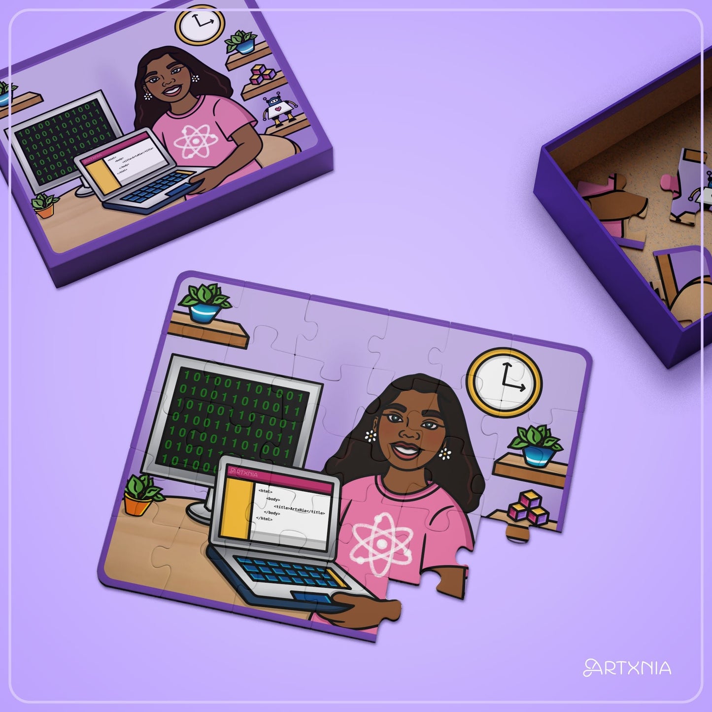 Jigsaw puzzle with a woman at a desk with a laptop on a purple background