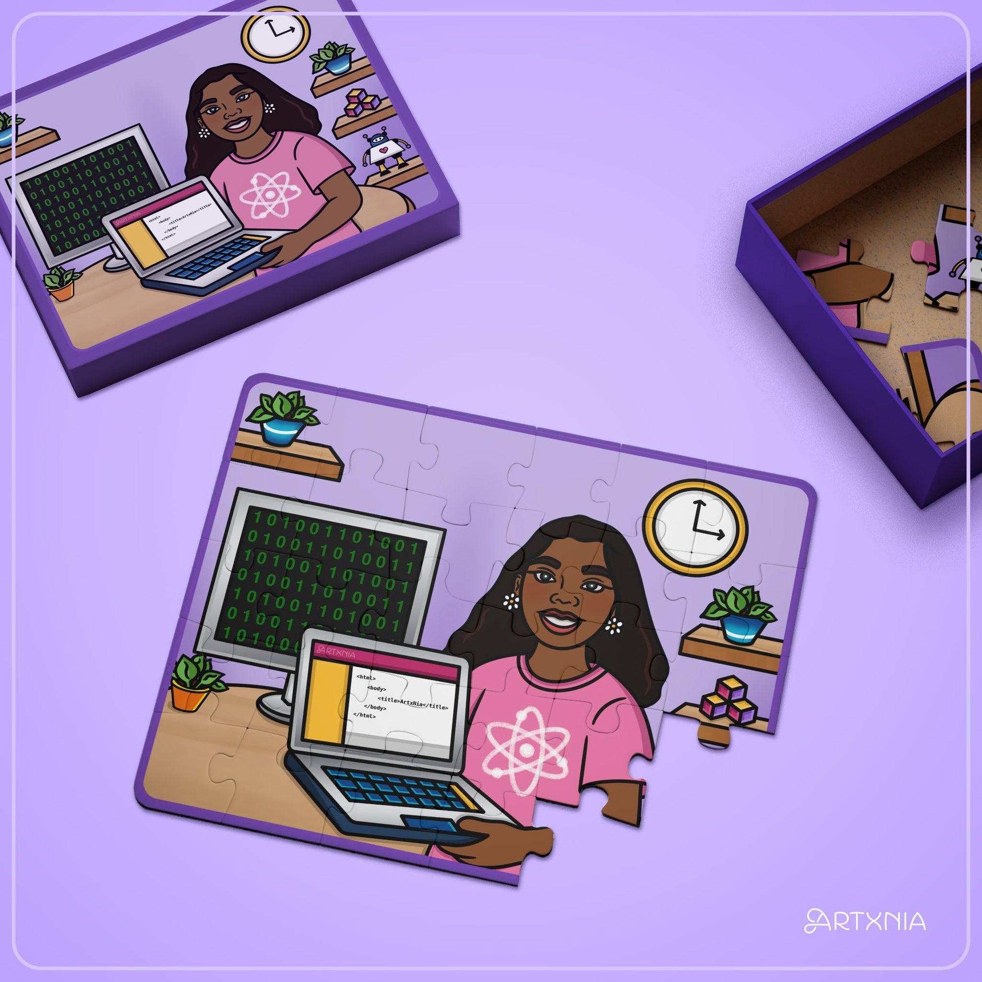 Jigsaw puzzle with a woman at a desk with a laptop on a purple background