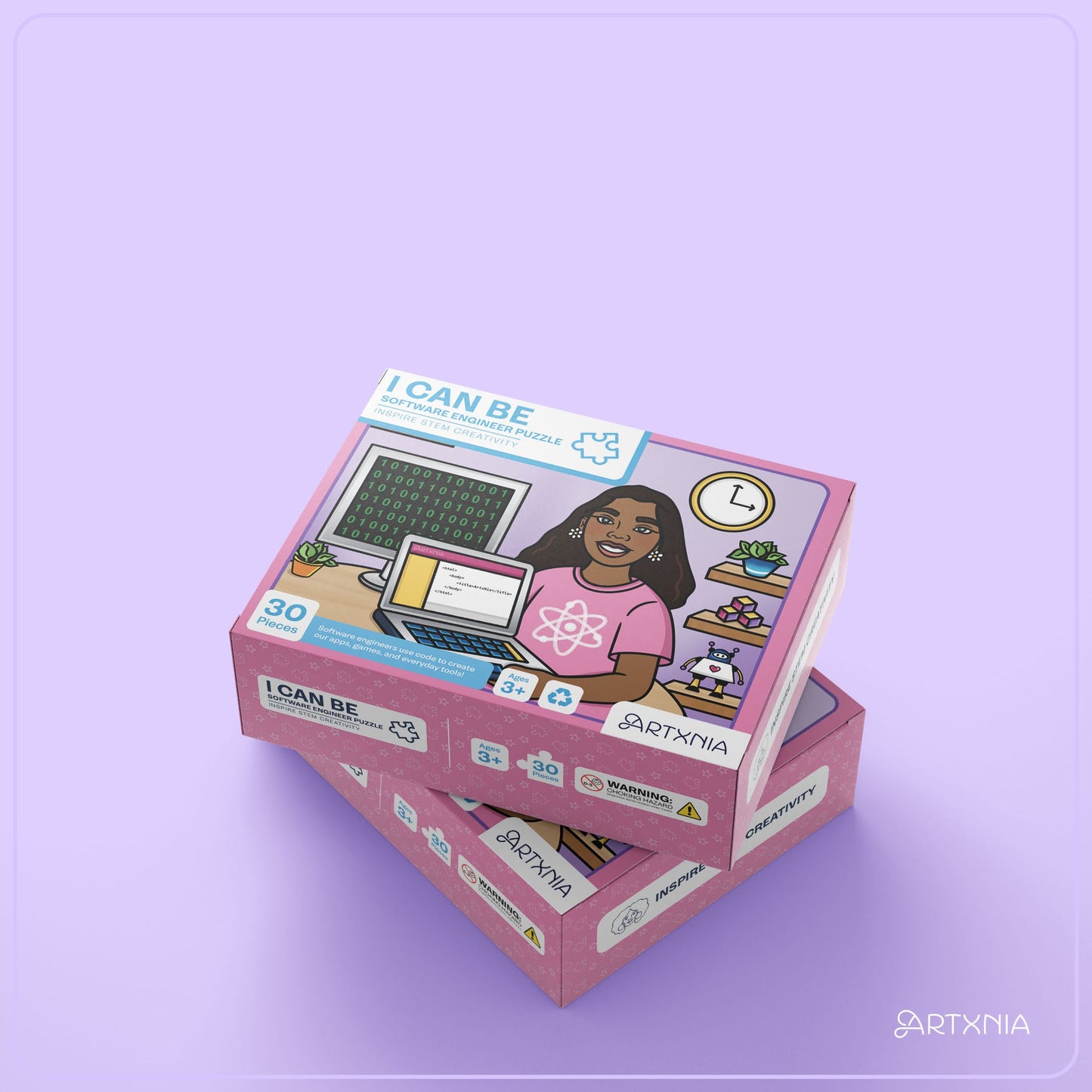 Educational puzzle box with a woman and a computer on a purple background