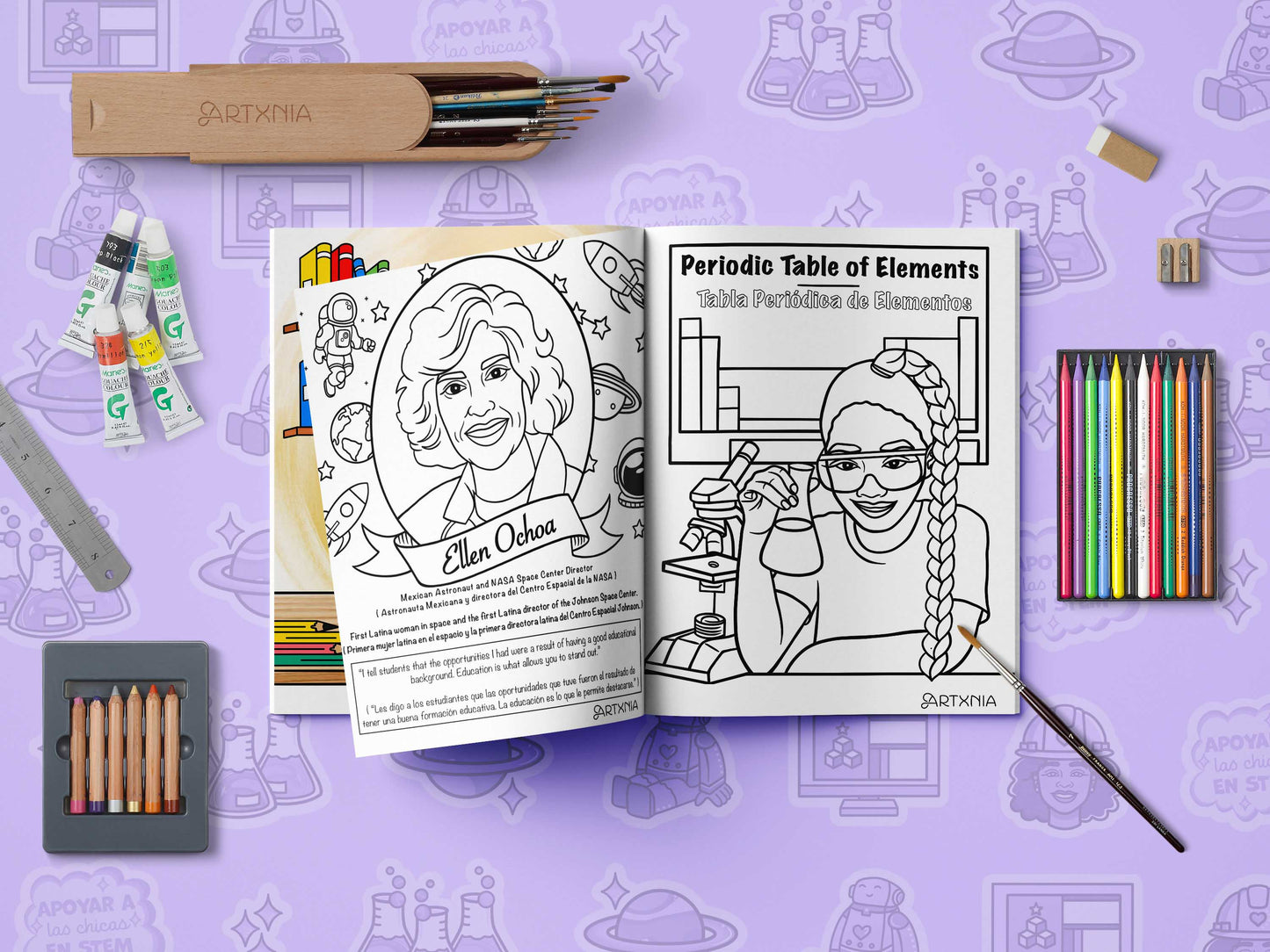 Latinas in stem coloring book open to a page with a scientist illustration and text on a purple background with art supplies.