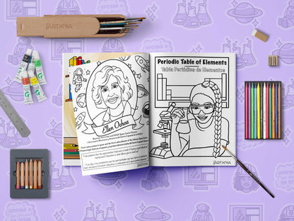 Latinas in stem coloring book open to a page with a scientist illustration and text on a purple background with art supplies.