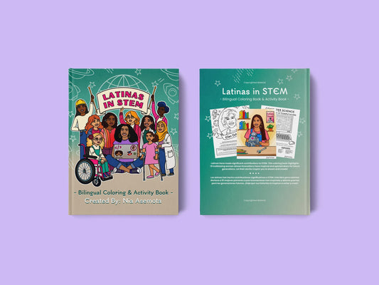 Front and back cover 'Latinas in STEM' coloring book on a purple background