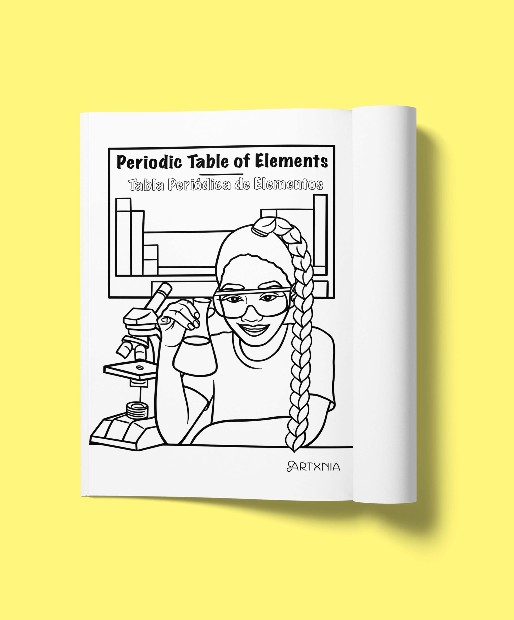 Open coloring book with a line drawing of a scientist and 'Periodic Table of Elements' text on a yellow background