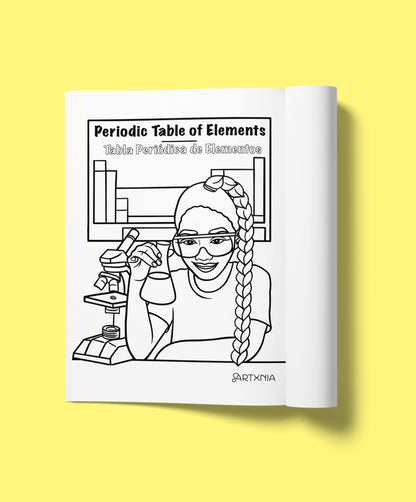 Open coloring book with a line drawing of a scientist and 'Periodic Table of Elements' text on a yellow background
