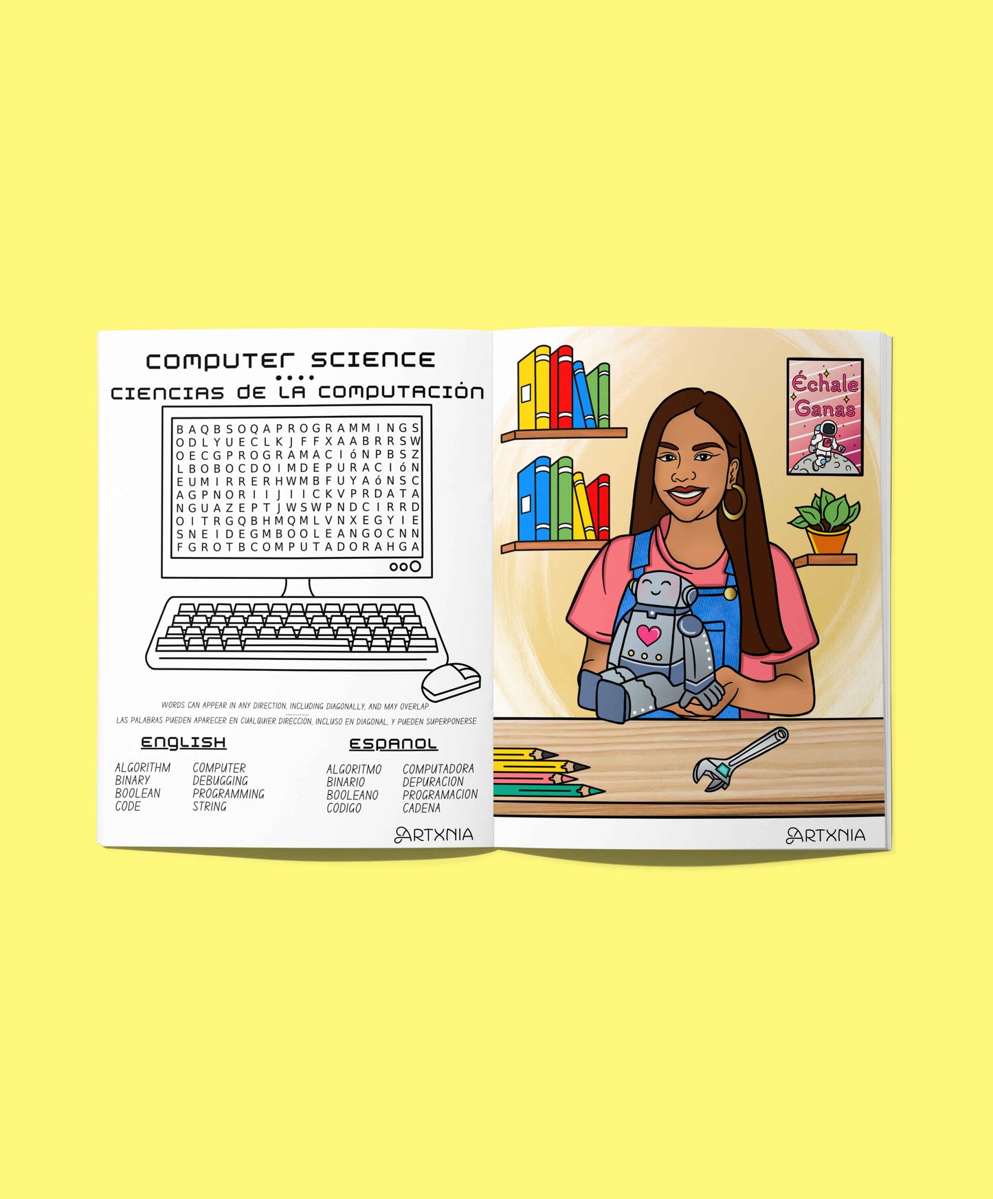 Open educational coloring book page with a computer science theme on a yellow background