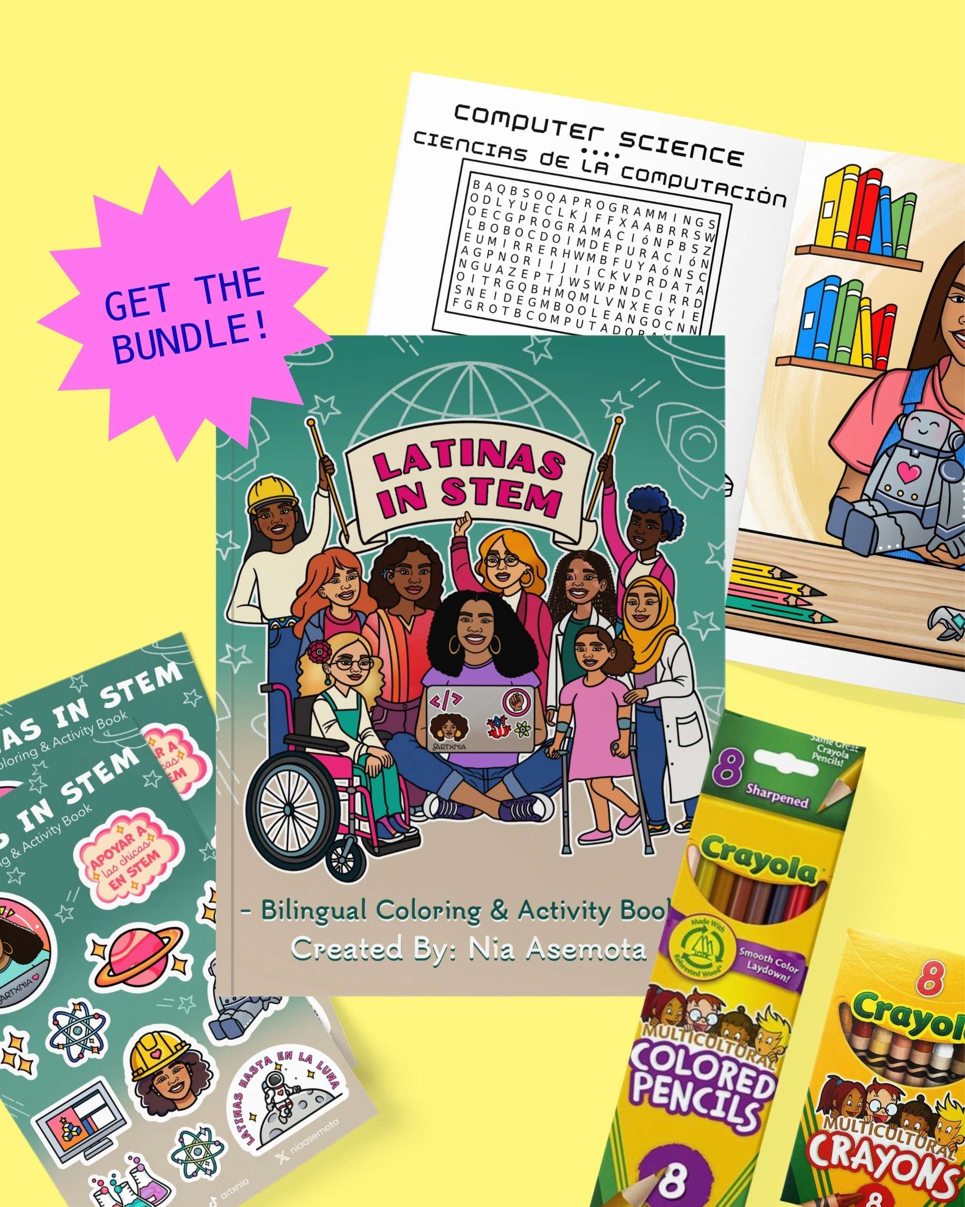 Educational materials for children featuring 'Latinas in STEM' on a yellow background with a pink star graphic that says "GET THE BUNDLE!"