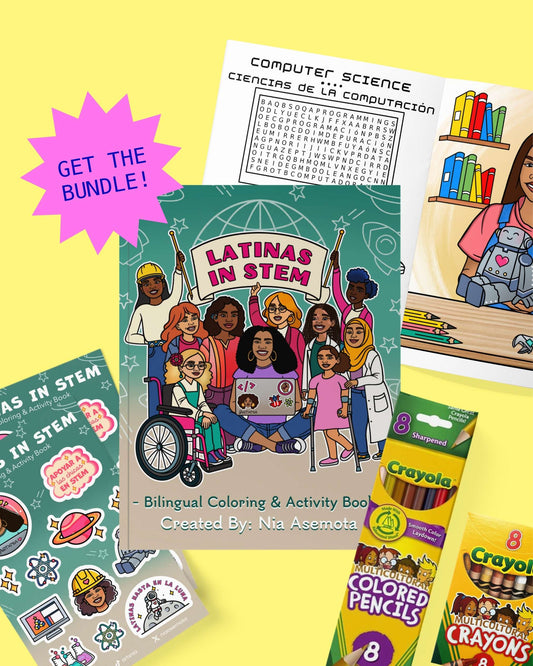 Educational materials for children featuring 'Latinas in STEM' on a yellow background with a pink star graphic that says "GET THE BUNDLE!"