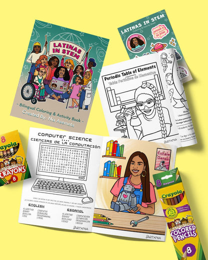 Educational materials for children featuring 'Latinas in STEM' on a yellow background 