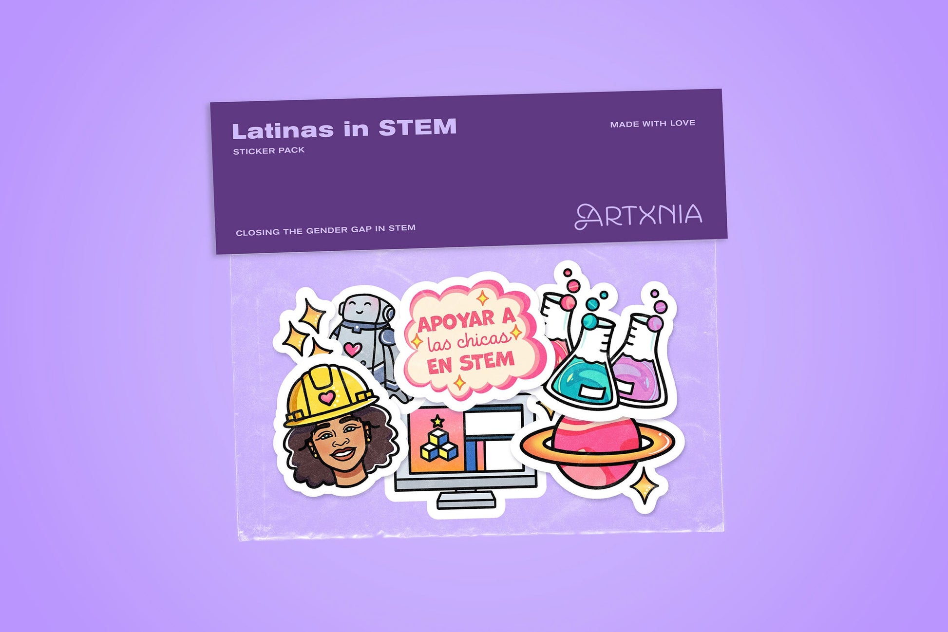 Sticker pack with STEM-themed stickers inside and 'Latinas in STEM' text on a purple background