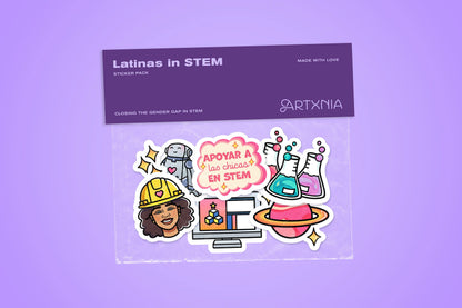 Sticker pack with STEM-themed stickers inside and 'Latinas in STEM' text on a purple background