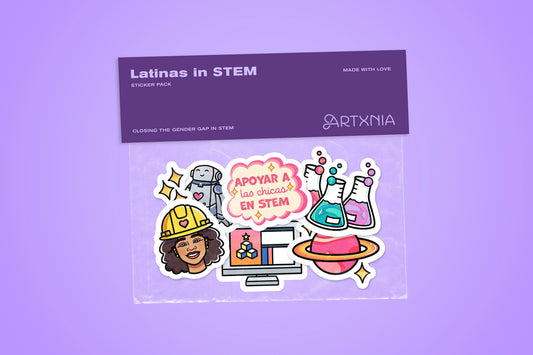 Sticker pack with STEM-themed stickers inside and 'Latinas in STEM' text on a purple background